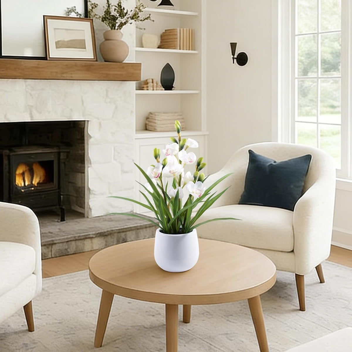 Faux Orchid Plant 19" Tall, Realistic Touch Leaves, Potted Cymbidium Artificial Plants Indoor for Home Decor Small Office Home Living Room-White