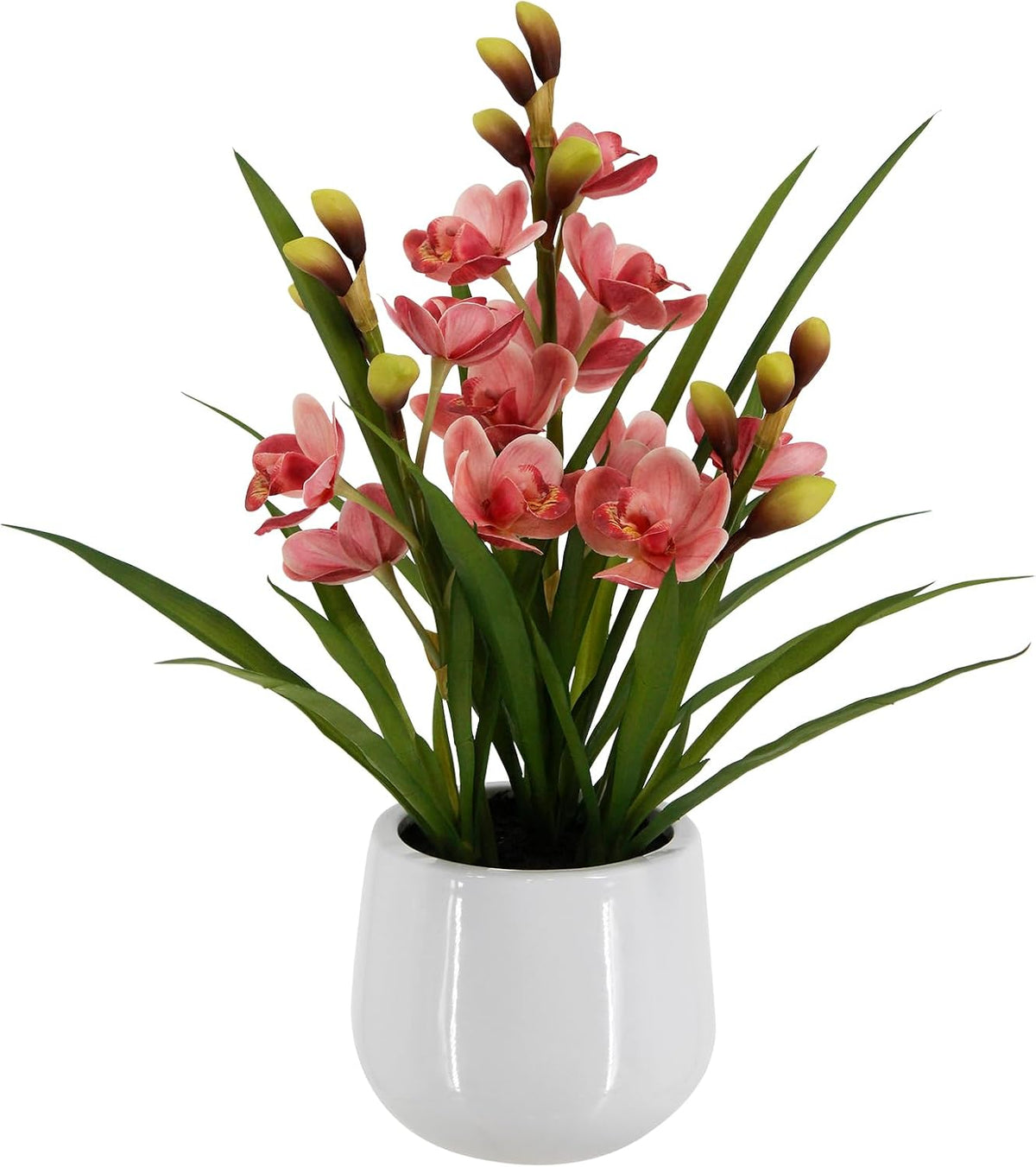 Faux Orchid Plant 19" Tall, Realistic Touch Leaves, Potted Cymbidium Artificial Plants Indoor for Home Decor Small Office Home Living Room-White