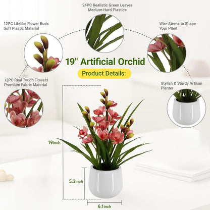 Faux Orchid Plant 19" Tall, Realistic Touch Leaves, Potted Cymbidium Artificial Plants Indoor for Home Decor Small Office Home Living Room-White