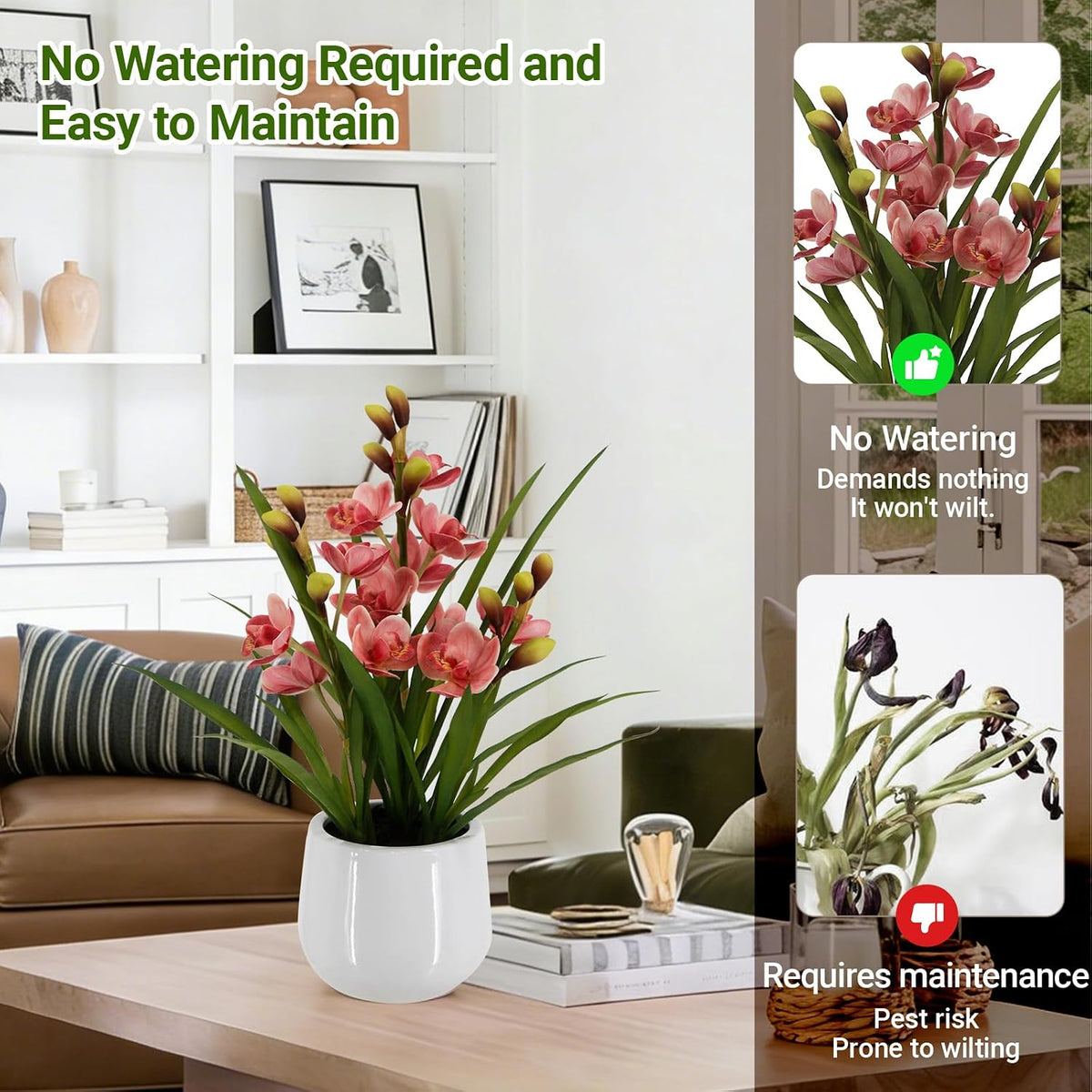 Faux Orchid Plant 19" Tall, Realistic Touch Leaves, Potted Cymbidium Artificial Plants Indoor for Home Decor Small Office Home Living Room-White