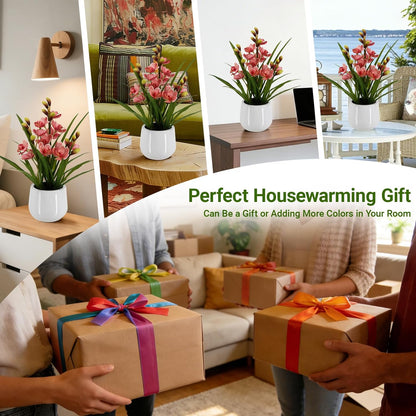 Faux Orchid Plant 19" Tall, Realistic Touch Leaves, Potted Cymbidium Artificial Plants Indoor for Home Decor Small Office Home Living Room-White
