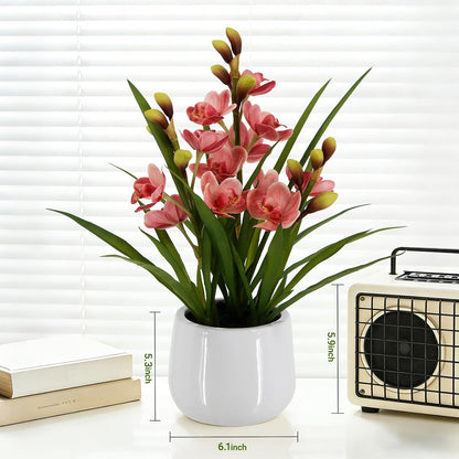 Faux Orchid Plant 19" Tall, Realistic Touch Leaves, Potted Cymbidium Artificial Plants Indoor for Home Decor Small Office Home Living Room-White