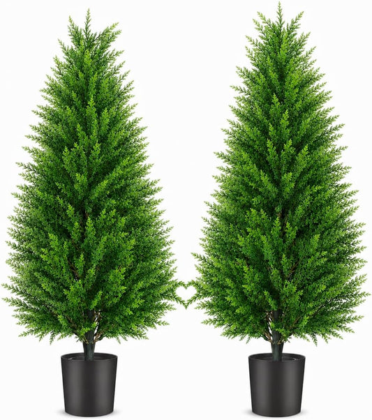 Artificial Topiary Cedar Trees, 3FT Tall, Set of 2 | UV Resistant, Faux Evergreen Plants, Indoor Outdoor Decoration, With Pots, For Home Front Door Offices Entryway