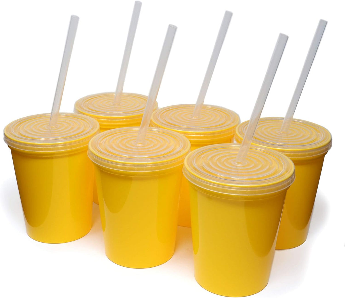 16 Oz. Reusable Plastic Stadium Cups with Lids, 6 Pack, USA Made Plastic Tumblers and Lids, Includes 6 Reusable Straws; Dishwasher Safe, Yellow