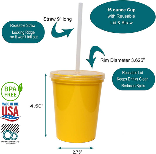 16 Oz. Reusable Plastic Stadium Cups with Lids, 6 Pack, USA Made Plastic Tumblers and Lids, Includes 6 Reusable Straws; Dishwasher Safe, Yellow