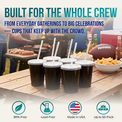 16 Oz. Reusable Plastic Stadium Cups with Lids, 6 Pack, USA Made Plastic Tumblers and Lids, Includes 6 Reusable Straws; Dishwasher Safe, Yellow