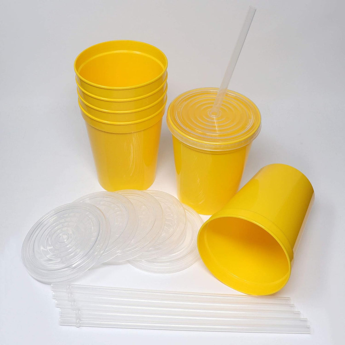 16 Oz. Reusable Plastic Stadium Cups with Lids, 6 Pack, USA Made Plastic Tumblers and Lids, Includes 6 Reusable Straws; Dishwasher Safe, Yellow