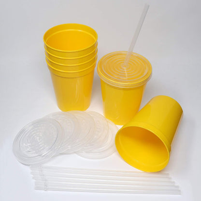 16 Oz. Reusable Plastic Stadium Cups with Lids, 6 Pack, USA Made Plastic Tumblers and Lids, Includes 6 Reusable Straws; Dishwasher Safe, Yellow