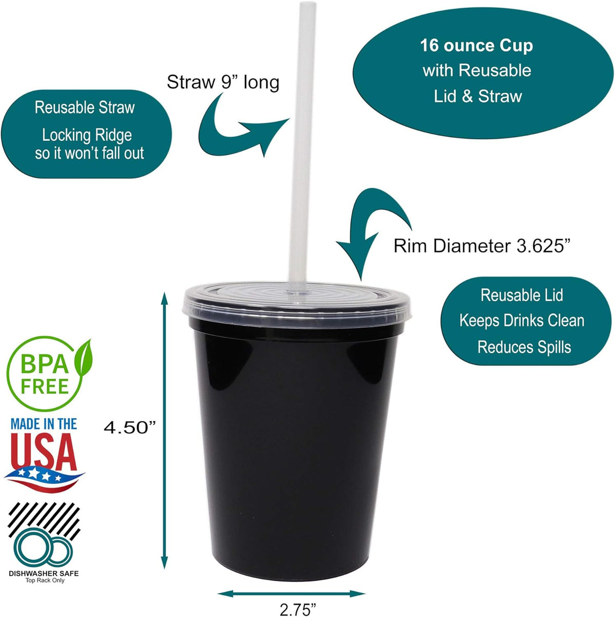 16 Oz. Reusable Plastic Stadium Cups with Lids, 6 Pack, USA Made Plastic Tumblers and Lids, Includes 6 Reusable Straws; Dishwasher Safe, Yellow