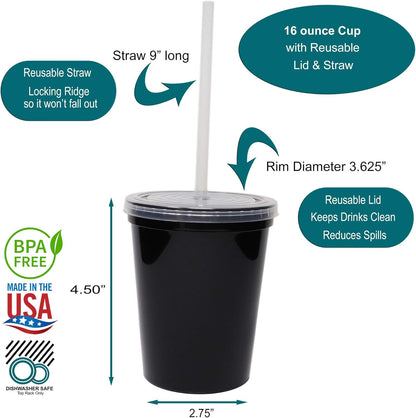 16 Oz. Reusable Plastic Stadium Cups with Lids, 6 Pack, USA Made Plastic Tumblers and Lids, Includes 6 Reusable Straws; Dishwasher Safe, Yellow
