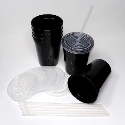 16 Oz. Reusable Plastic Stadium Cups with Lids, 6 Pack, USA Made Plastic Tumblers and Lids, Includes 6 Reusable Straws; Dishwasher Safe, Yellow