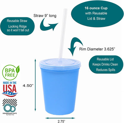 16 Oz. Reusable Plastic Stadium Cups with Lids, 6 Pack, USA Made Plastic Tumblers and Lids, Includes 6 Reusable Straws; Dishwasher Safe, Yellow