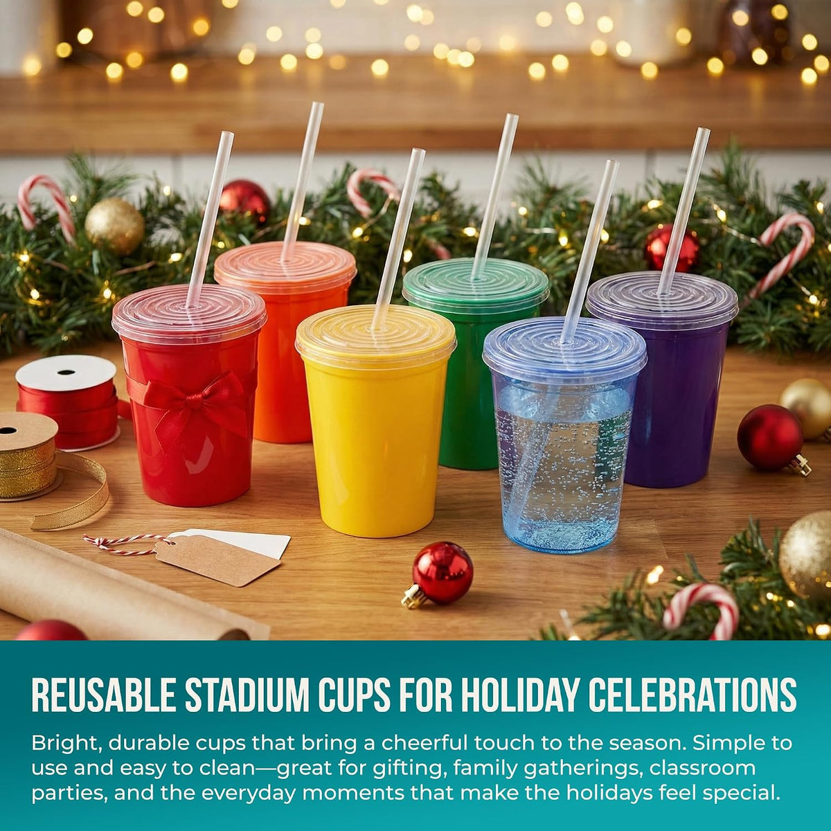 16 Oz. Reusable Plastic Stadium Cups with Lids, 6 Pack, USA Made Plastic Tumblers and Lids, Includes 6 Reusable Straws; Dishwasher Safe, Yellow