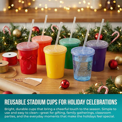 16 Oz. Reusable Plastic Stadium Cups with Lids, 6 Pack, USA Made Plastic Tumblers and Lids, Includes 6 Reusable Straws; Dishwasher Safe, Yellow