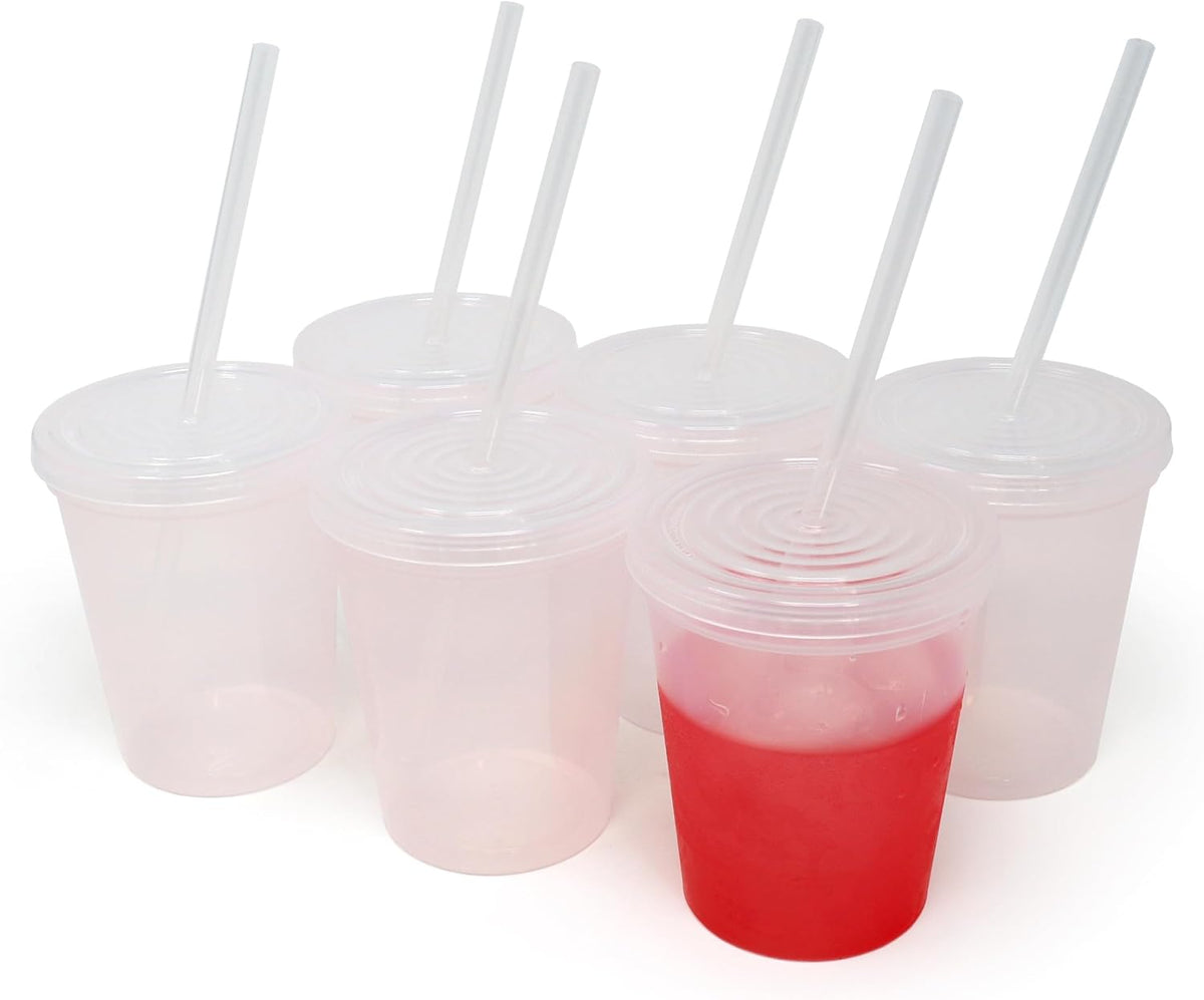 16 Oz. Reusable Plastic Stadium Cups with Lids, 6 Pack, USA Made Plastic Tumblers and Lids, Includes 6 Reusable Straws; Dishwasher Safe, Yellow