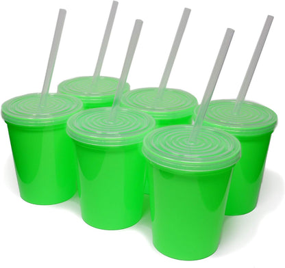16 Oz. Reusable Plastic Stadium Cups with Lids, 6 Pack, USA Made Plastic Tumblers and Lids, Includes 6 Reusable Straws; Dishwasher Safe, Yellow