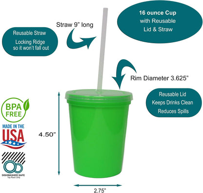 16 Oz. Reusable Plastic Stadium Cups with Lids, 6 Pack, USA Made Plastic Tumblers and Lids, Includes 6 Reusable Straws; Dishwasher Safe, Yellow