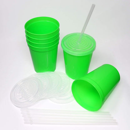 16 Oz. Reusable Plastic Stadium Cups with Lids, 6 Pack, USA Made Plastic Tumblers and Lids, Includes 6 Reusable Straws; Dishwasher Safe, Yellow