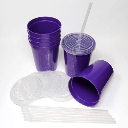 16 Oz. Reusable Plastic Stadium Cups with Lids, 6 Pack, USA Made Plastic Tumblers and Lids, Includes 6 Reusable Straws; Dishwasher Safe, Yellow