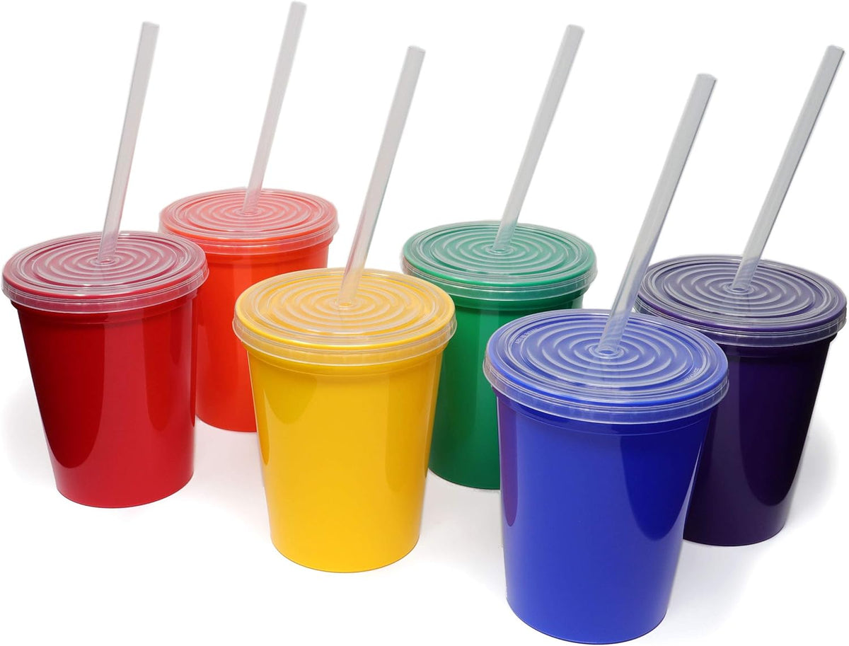 16 Oz. Reusable Plastic Stadium Cups with Lids, 6 Pack, USA Made Plastic Tumblers and Lids, Includes 6 Reusable Straws; Dishwasher Safe, Yellow