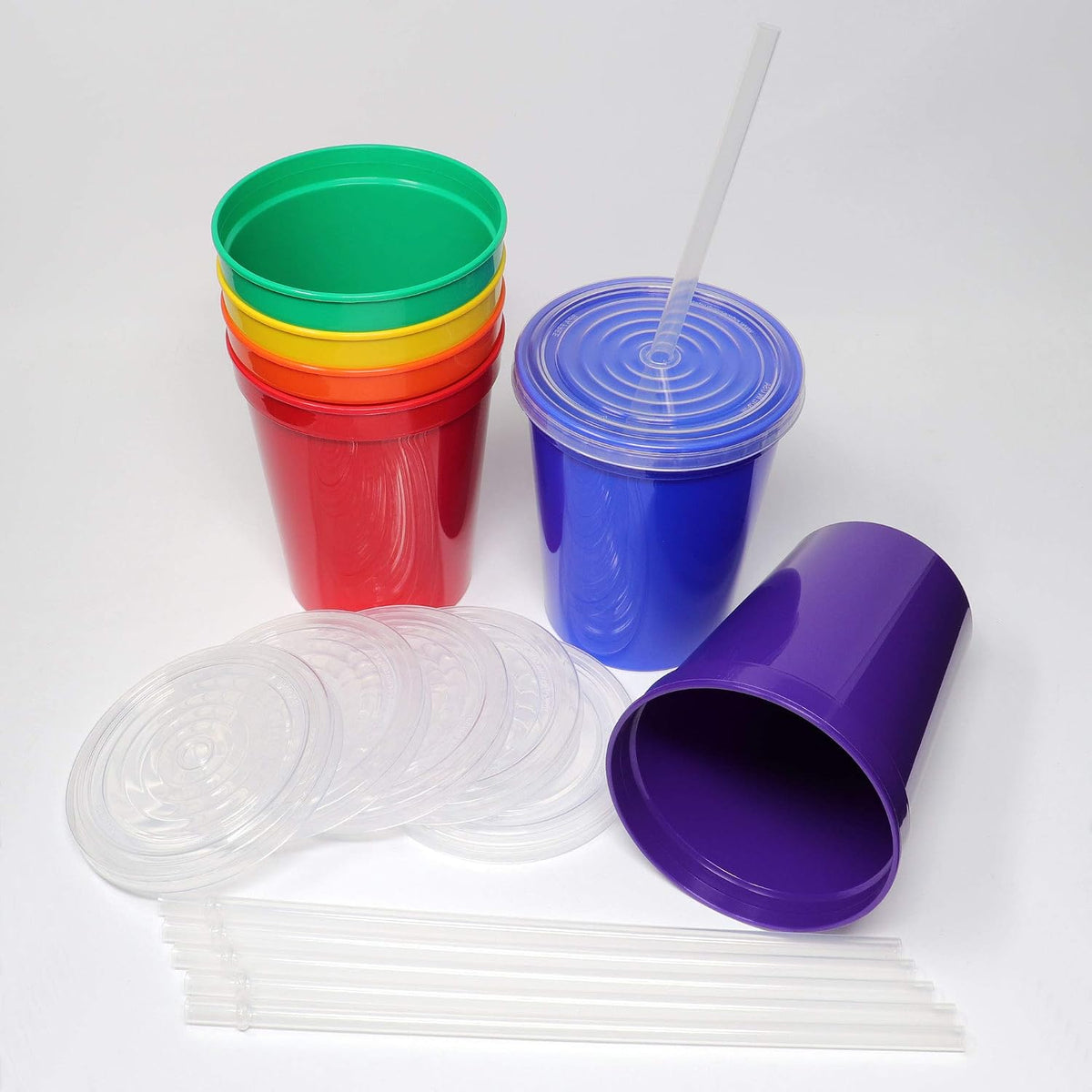 16 Oz. Reusable Plastic Stadium Cups with Lids, 6 Pack, USA Made Plastic Tumblers and Lids, Includes 6 Reusable Straws; Dishwasher Safe, Yellow