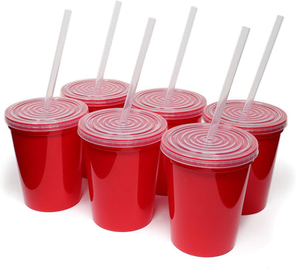 16 Oz. Reusable Plastic Stadium Cups with Lids, 6 Pack, USA Made Plastic Tumblers and Lids, Includes 6 Reusable Straws; Dishwasher Safe, Yellow