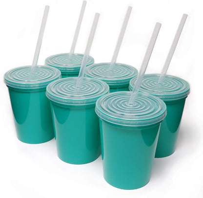 16 Oz. Reusable Plastic Stadium Cups with Lids, 6 Pack, USA Made Plastic Tumblers and Lids, Includes 6 Reusable Straws; Dishwasher Safe, Yellow
