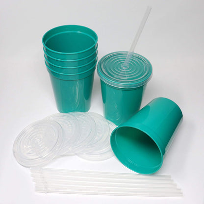 16 Oz. Reusable Plastic Stadium Cups with Lids, 6 Pack, USA Made Plastic Tumblers and Lids, Includes 6 Reusable Straws; Dishwasher Safe, Yellow