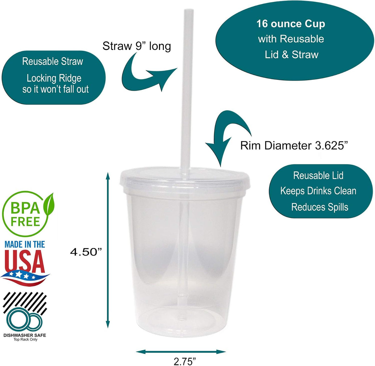 16 Oz. Reusable Plastic Stadium Cups with Lids, 6 Pack, USA Made Plastic Tumblers and Lids, Includes 6 Reusable Straws; Dishwasher Safe, Yellow