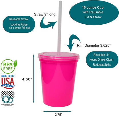16 Oz. Reusable Plastic Stadium Cups with Lids, 6 Pack, USA Made Plastic Tumblers and Lids, Includes 6 Reusable Straws; Dishwasher Safe, Yellow