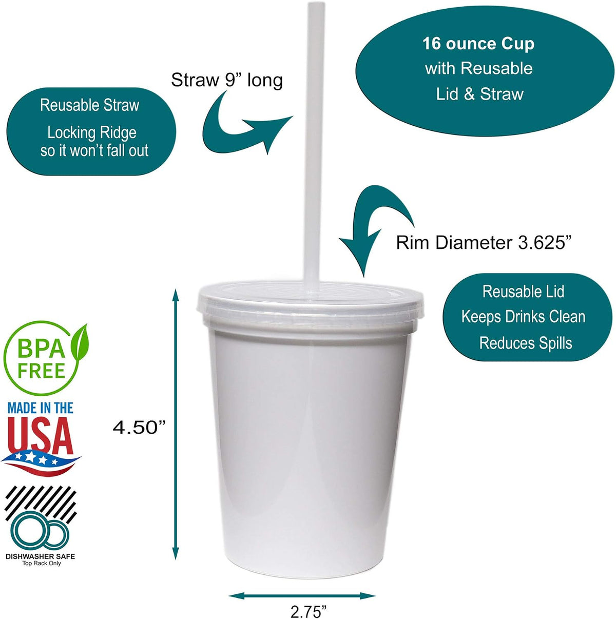 16 Oz. Reusable Plastic Stadium Cups with Lids, 6 Pack, USA Made Plastic Tumblers and Lids, Includes 6 Reusable Straws; Dishwasher Safe, Yellow
