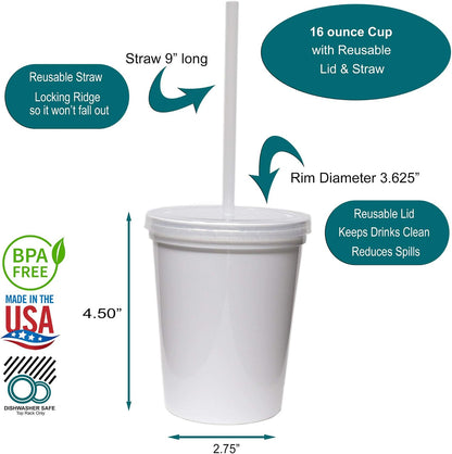 16 Oz. Reusable Plastic Stadium Cups with Lids, 6 Pack, USA Made Plastic Tumblers and Lids, Includes 6 Reusable Straws; Dishwasher Safe, Yellow