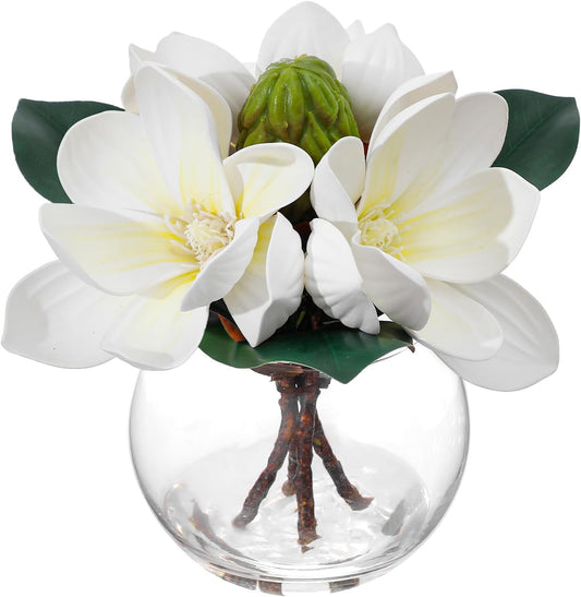 Artificial White Magnolia Flowers in Glass Vase with Faux Water, Realistic Touch Silk Magnolia Floral Arrangement, Fake Magnolia Centerpiece for Home Dining Table Office Bathroom Shelf Decor
