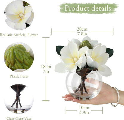 Artificial White Magnolia Flowers in Glass Vase with Faux Water, Realistic Touch Silk Magnolia Floral Arrangement, Fake Magnolia Centerpiece for Home Dining Table Office Bathroom Shelf Decor