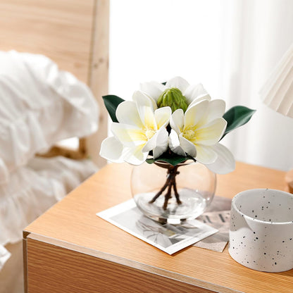 Artificial White Magnolia Flowers in Glass Vase with Faux Water, Realistic Touch Silk Magnolia Floral Arrangement, Fake Magnolia Centerpiece for Home Dining Table Office Bathroom Shelf Decor