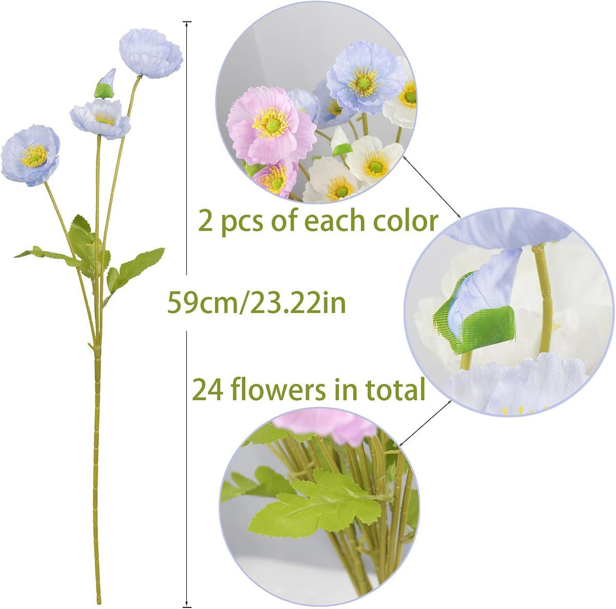 6 Pcs Artificial Poppy Flowers Silk Flower Poppy with Stems Real Touch Faux Poppy Spring Flowers for Home Kitchen Wedding Decorations Floral Arrangement Table Centerpiece