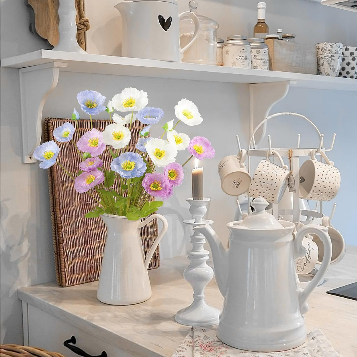 6 Pcs Artificial Poppy Flowers Silk Flower Poppy with Stems Real Touch Faux Poppy Spring Flowers for Home Kitchen Wedding Decorations Floral Arrangement Table Centerpiece
