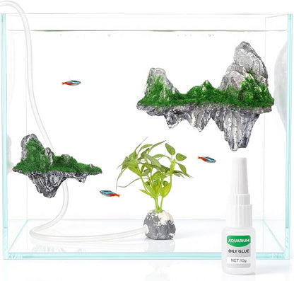 Aquarium Mountain View Stone Ornament, Resin-Coated Rockery with Flocked Cover Like Grass, Artificial Plastic Plants Suitable for Small Fish and Shrimp Play Decorations