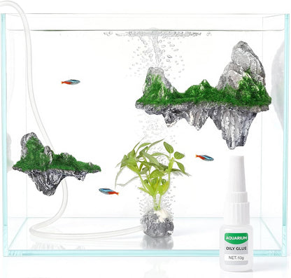 Aquarium Mountain View Stone Ornament, Resin-Coated Rockery with Flocked Cover Like Grass, Artificial Plastic Plants Suitable for Small Fish and Shrimp Play Decorations