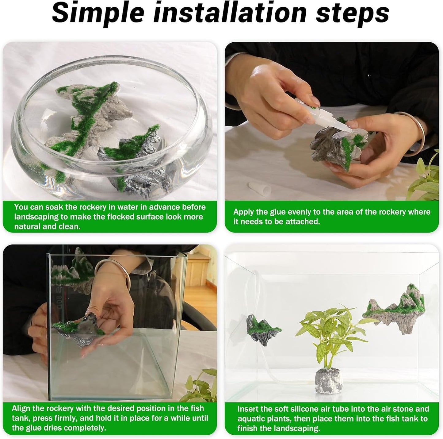 Aquarium Mountain View Stone Ornament, Resin-Coated Rockery with Flocked Cover Like Grass, Artificial Plastic Plants Suitable for Small Fish and Shrimp Play Decorations