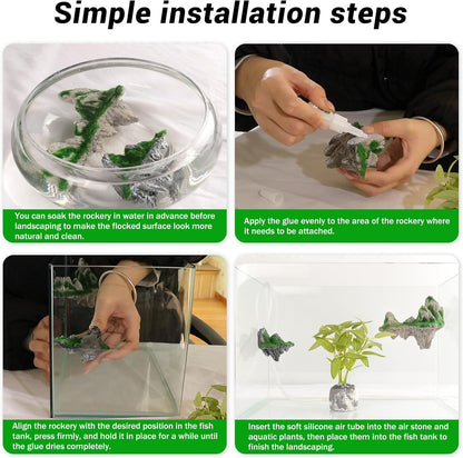Aquarium Mountain View Stone Ornament, Resin-Coated Rockery with Flocked Cover Like Grass, Artificial Plastic Plants Suitable for Small Fish and Shrimp Play Decorations