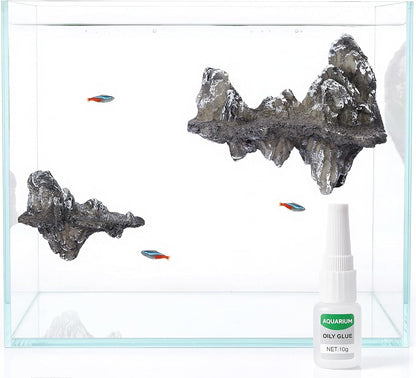 Aquarium Mountain View Stone Ornament, Resin-Coated Rockery with Flocked Cover Like Grass, Artificial Plastic Plants Suitable for Small Fish and Shrimp Play Decorations