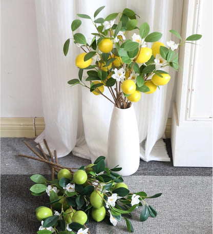 Faux Greenery Artificial Lemon Stems 5 Pcs Faux Lemons Fruit with Stem 24" Fake Lemons Branches Flower Arrangement Lemon Centerpieces Decoration for Home Office Festival Flower Decor(2Yellow+3Green)