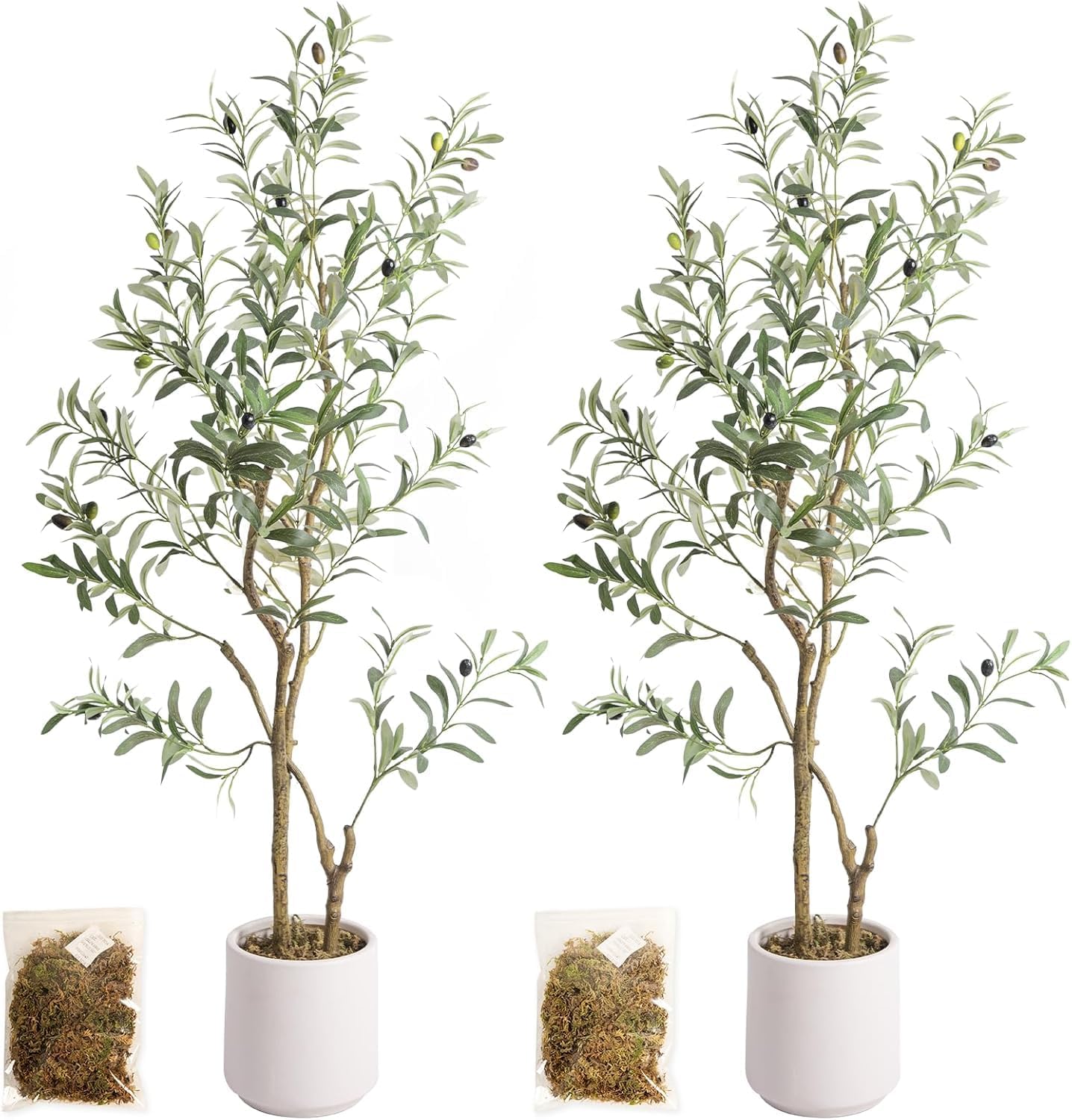 Artificial Fake Olive Tree 4FT Tall 1Pack with White Planter Faux Silk Olive Tree for Home Living Room Office Decor Faux Artificial Plants Indoor with Fruit & Free Moss
