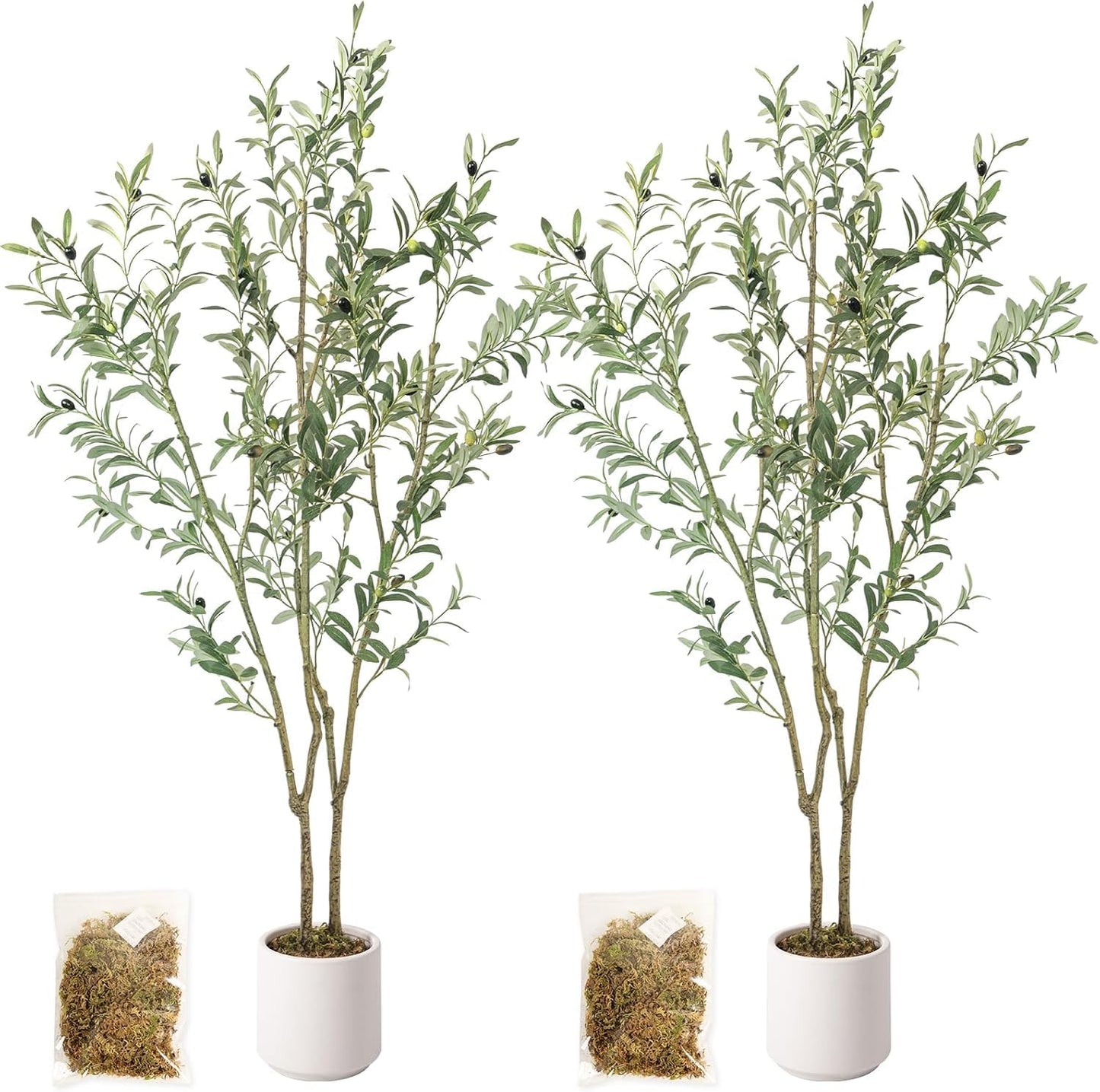 Artificial Fake Olive Tree 4FT Tall 1Pack with White Planter Faux Silk Olive Tree for Home Living Room Office Decor Faux Artificial Plants Indoor with Fruit & Free Moss
