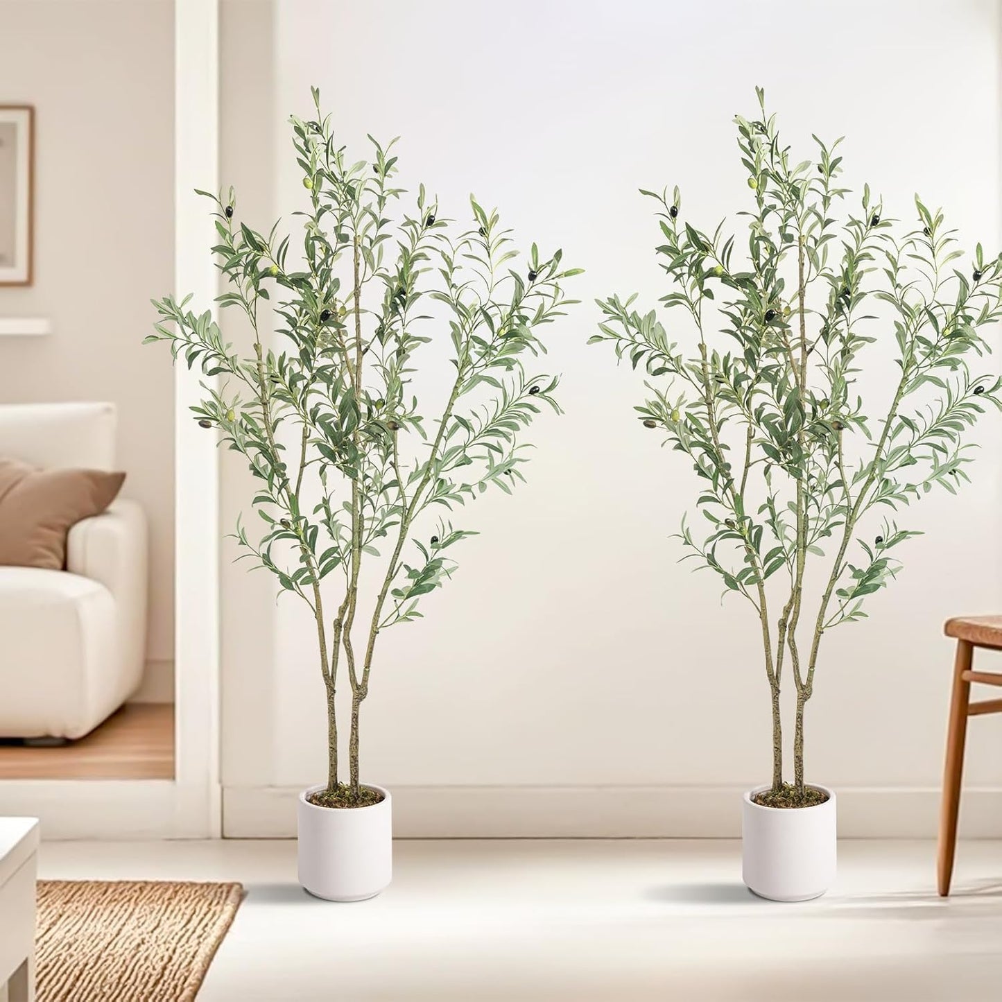 Artificial Fake Olive Tree 4FT Tall 1Pack with White Planter Faux Silk Olive Tree for Home Living Room Office Decor Faux Artificial Plants Indoor with Fruit & Free Moss