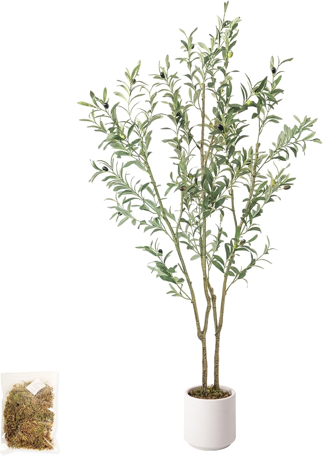 Artificial Fake Olive Tree 4FT Tall 1Pack with White Planter Faux Silk Olive Tree for Home Living Room Office Decor Faux Artificial Plants Indoor with Fruit & Free Moss