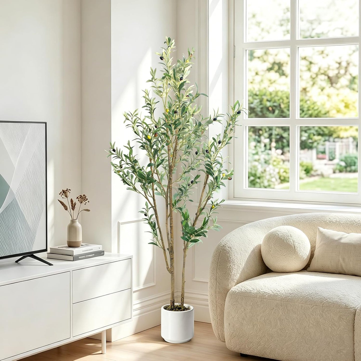 Artificial Fake Olive Tree 4FT Tall 1Pack with White Planter Faux Silk Olive Tree for Home Living Room Office Decor Faux Artificial Plants Indoor with Fruit & Free Moss