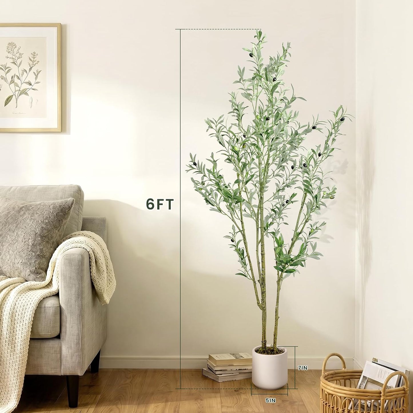 Artificial Fake Olive Tree 4FT Tall 1Pack with White Planter Faux Silk Olive Tree for Home Living Room Office Decor Faux Artificial Plants Indoor with Fruit & Free Moss