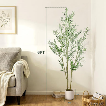 Artificial Fake Olive Tree 4FT Tall 1Pack with White Planter Faux Silk Olive Tree for Home Living Room Office Decor Faux Artificial Plants Indoor with Fruit & Free Moss